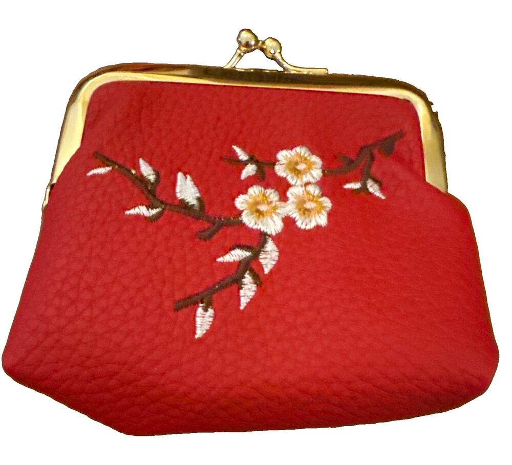NWT Kiss Lock Coin Purse Red Faux Leather Floral Embroidered Goldtone Frame